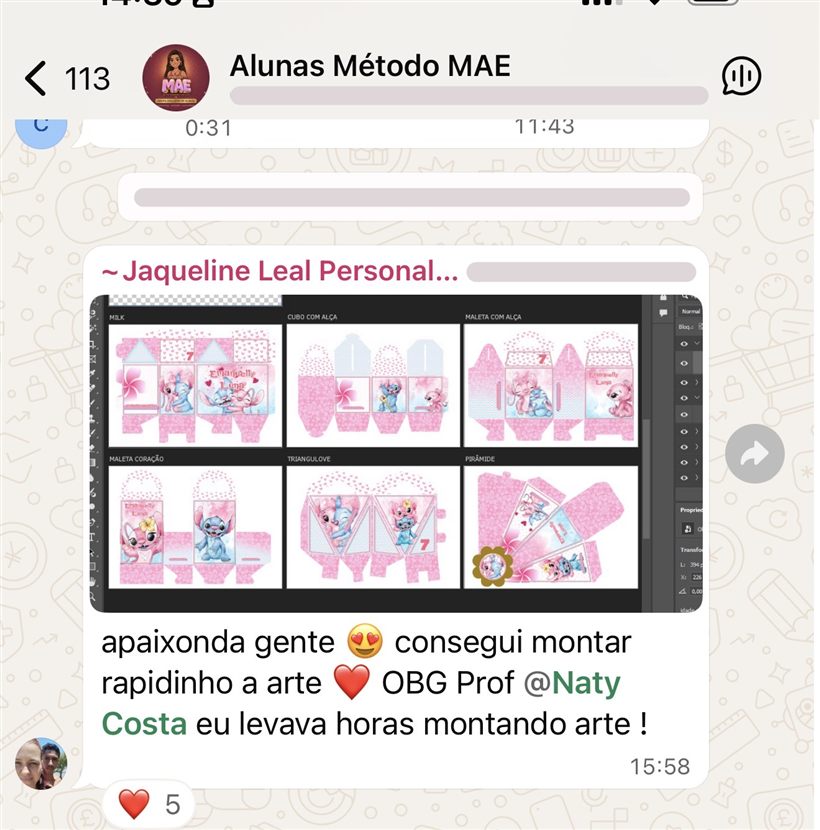 Print do grupo de alunas: Jaqueline mostrando o kit Stitch montado nos 6 moldes, dizendo que levava horas montando arte