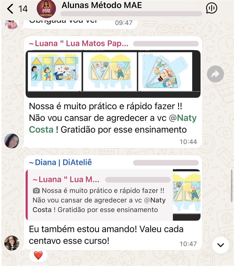Print do grupo de alunas: conversa entre Luana e Diana, em que Diana diz que valeu cada centavo o curso
