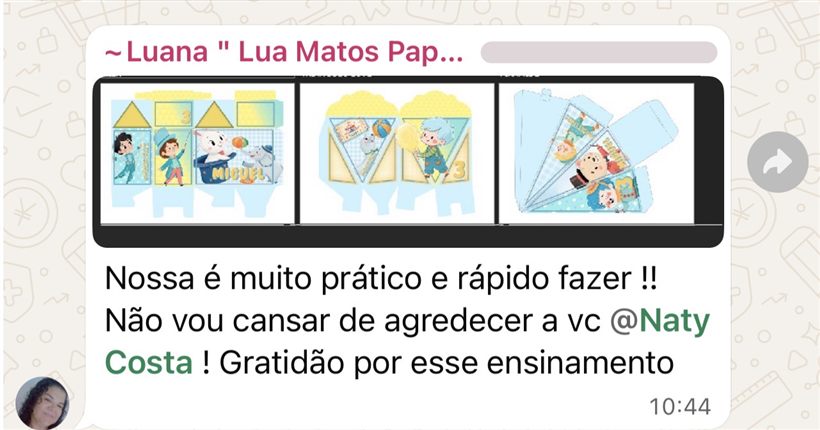Print do grupo de alunas: Luana mostrando o kit Miguel, tema circo, dizendo que é muito prático e rápido fazer